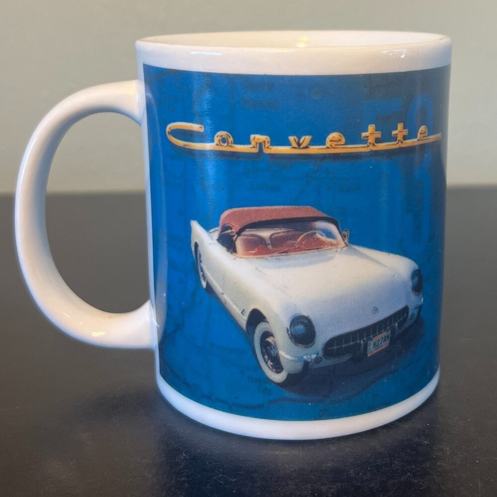 Vintage White Corvette Car Coffee Mug Cup Chevrolet Corvette Racing Flag Logo